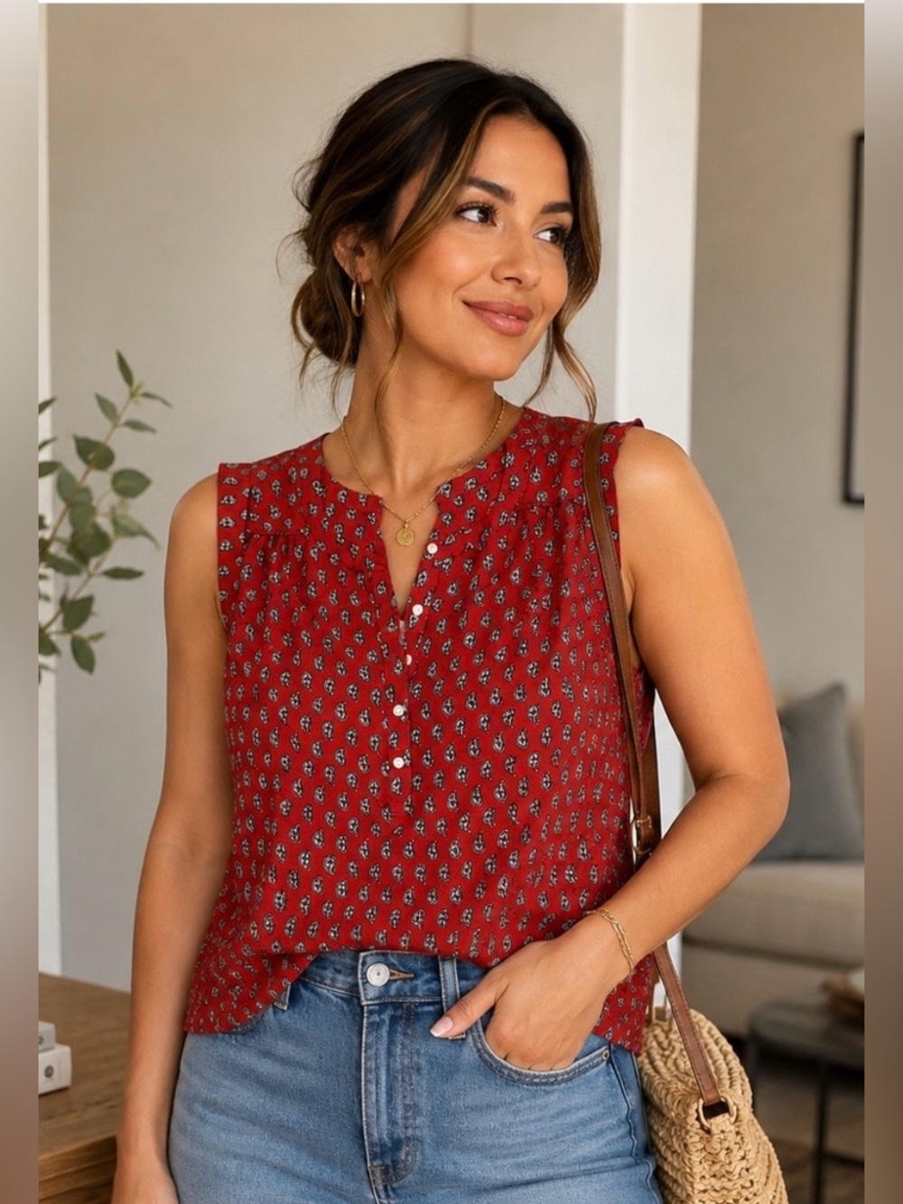 LOFT Red Patterned Sleeveless Blouse